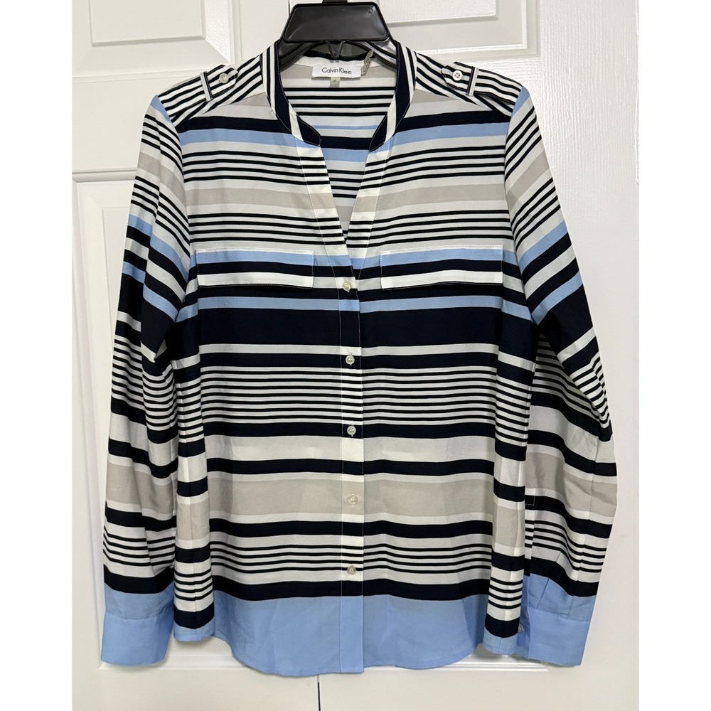 Calvin Klein Womens Shirt Blouse S Blue Stripes Long Sleeve‎ Button Down Small